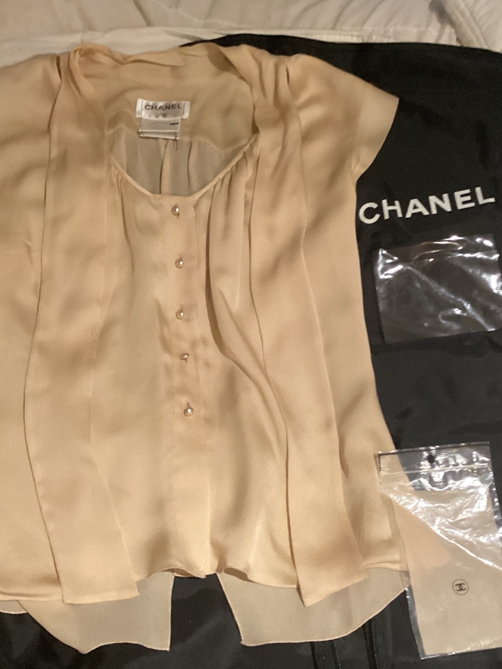 CHANEL Beige Silk Blouse with Pearl Buttons
